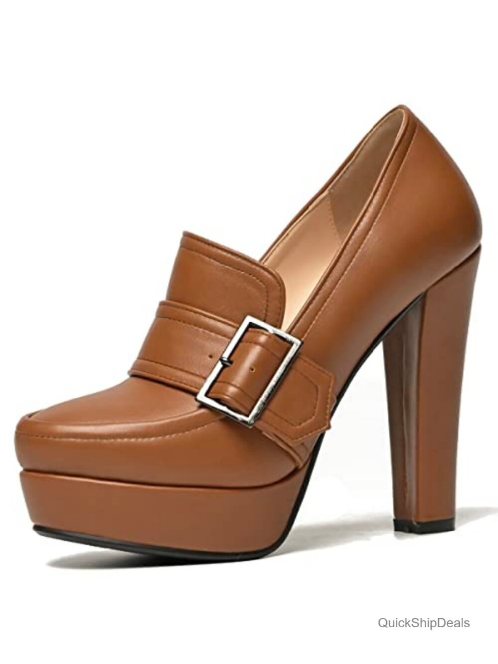 Vintage Chunky Platform Loafers Faux Leather Slip On Buckle Tassel High Heel